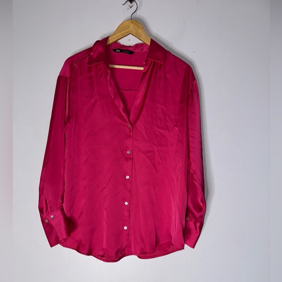 Zara Tops - Zara Smal Pink‎ Collar Button Down Satin Blouse